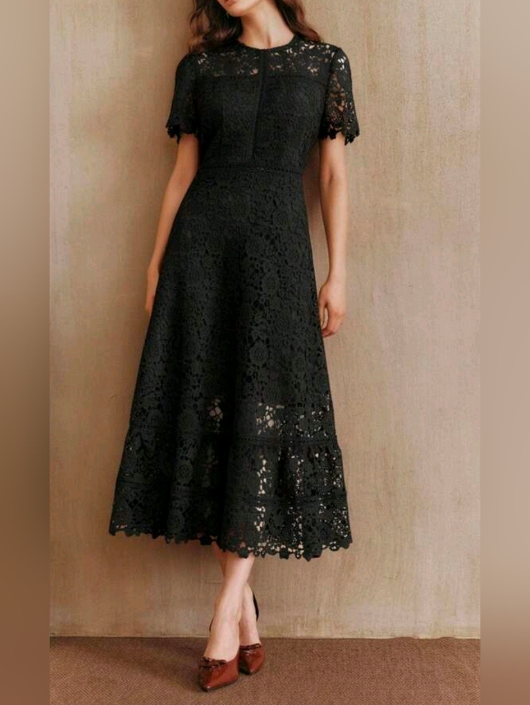 New Embroidered Floral Lace Ruffle Hem Midi Dress Short Sleeve Black